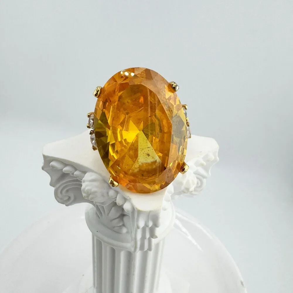 Oversized Citrine Tone Oval Statement Cocktail Ring Vintage Gold Tone Glamour - Picture 5 of 11